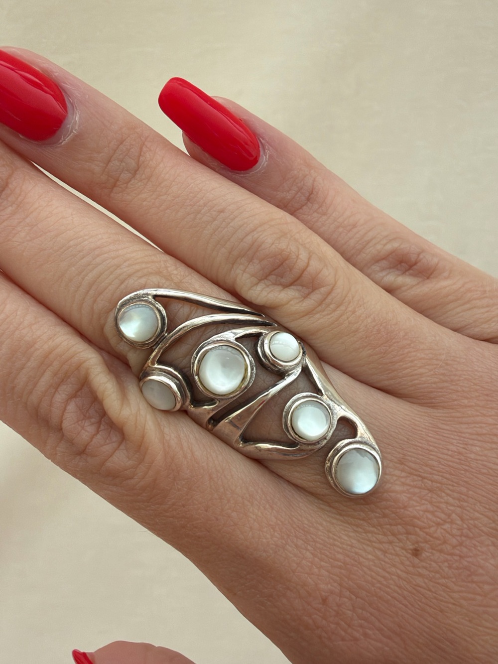 Silver Multi-Stone White Cabochon Midi-to-Long Statement Ring